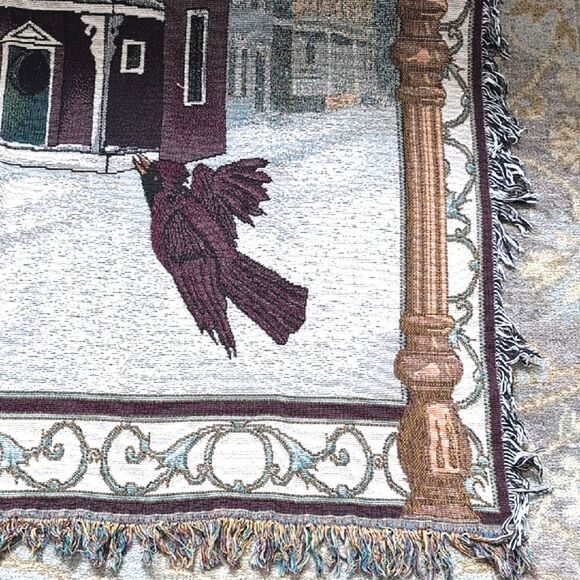 Vintage Christmas Cardinal Winter Village Scene Woven Tapestry Throw Blanket - Picture 3 of 11